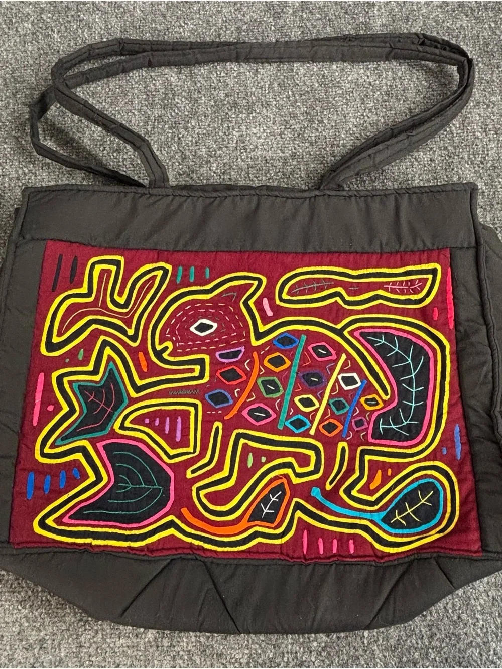 Black Tote Bag with Colorful Embroidered Turtle Panel